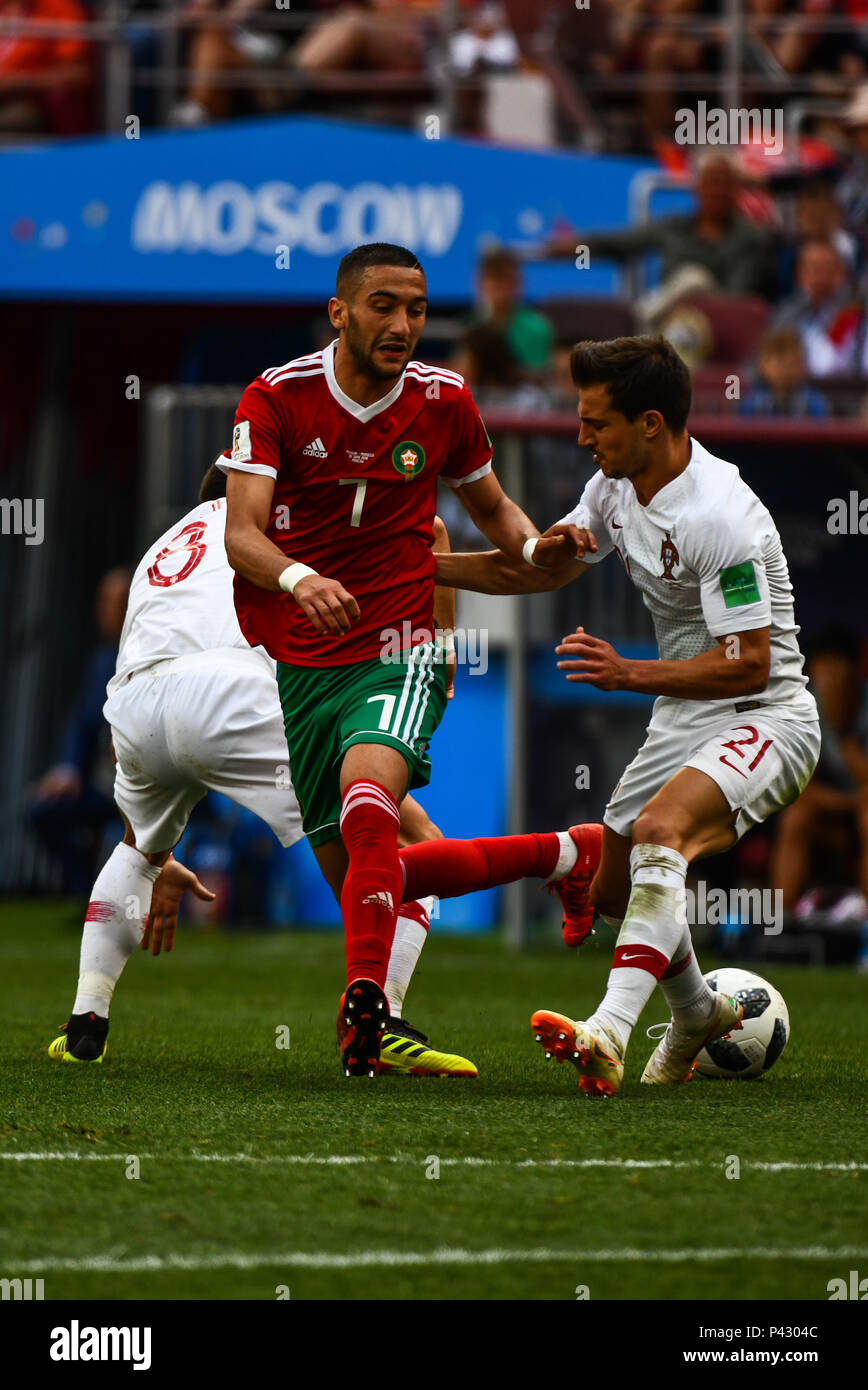 Luzhniki Stadium, Moscow, Russia. 20th June, 2018. FIFA World Cup Football, Group B, Portugal versus Morocco; Hakim Ziyach of Morocco trying to go by Cedric of Portugal but loses control of the ball Credit: Action Plus Sports/Alamy Live News Stock Photo