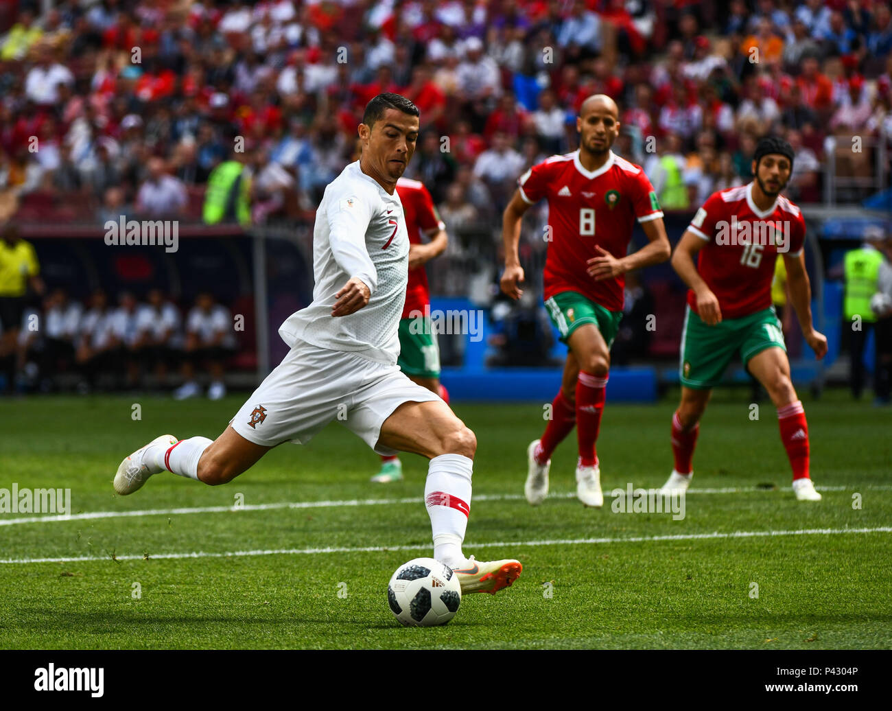 Luzhniki Stadium, Moscow, Russia. 20th June, 2018. FIFA World Cup Football, Group B, Portugal versus Morocco; Cristiano Ronaldo of Portugal shooting at goal from top of the box Credit: Action Plus Sports/Alamy Live News Stock Photo