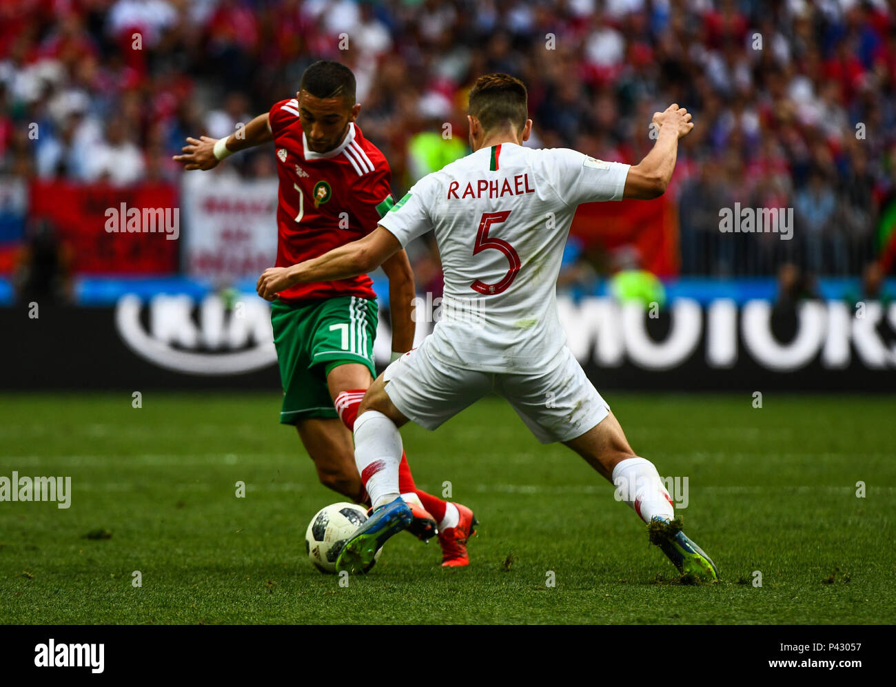 Luzhniki Stadium, Moscow, Russia. 20th June, 2018. FIFA World Cup Football, Group B, Portugal versus Morocco; Hakim Ziyach of Morocco takes on Raphael Guerreiro of Portugal Credit: Action Plus Sports/Alamy Live News Stock Photo