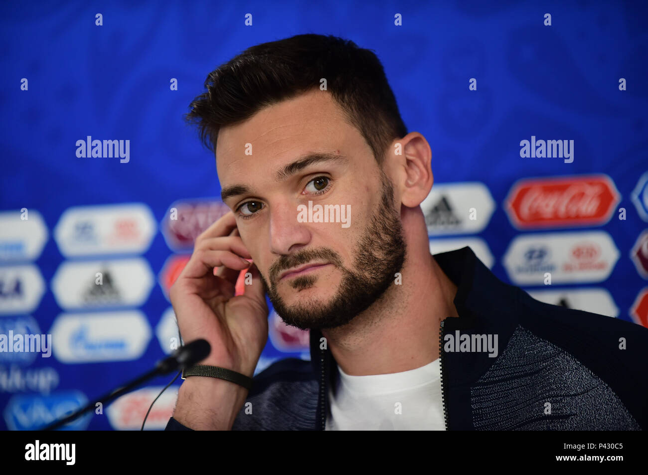 Yekaterinburg, Russia. 20th June, 2018. Goalkeeper Hugo Lloris of France attends a press conference during the 2018 FIFA World Cup in Yekaterinburg, Russia, on June 20, 2018. Credit: Du Yu/Xinhua/Alamy Live News Stock Photo