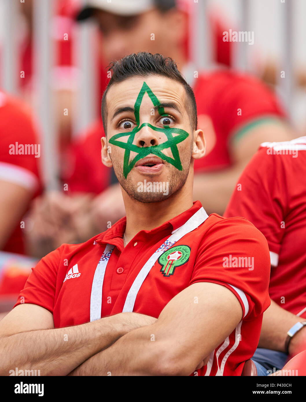 Moscow, Russia. 20th June, 2018. Portugal - Morocco, Soccer, Moscow, June  20, 2018 fans, supporters, spectators, club flags, celebration, Paint on  face, face painting, make-up, PORTUGAL - MOROCCO 1-0 FIFA WORLD CUP