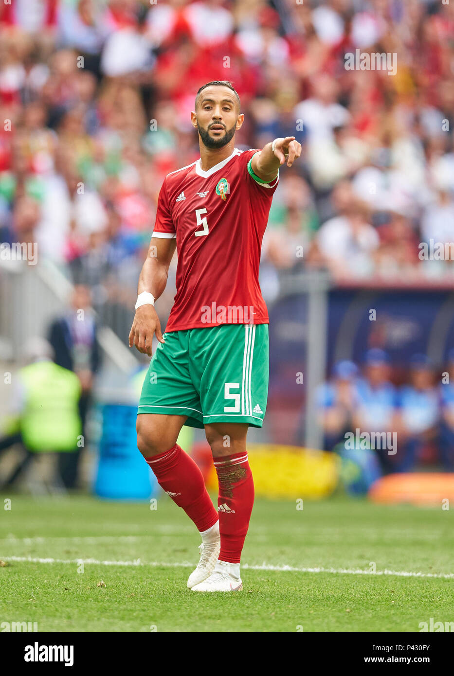 Moscow, Russia. 20th June, 2018. Portugal - Morocco, Soccer, Moscow, June 20, 2018 Mehdi BENATIA, Morocco Nr.5 Gesticulates and giving instructions, action, single image, gesture, gesture, hand movement, pointing, interpret, mimik,  PORTUGAL - MOROCCO 1-0 FIFA WORLD CUP 2018 RUSSIA, Group stage , Season 2018/2019,  June 20, 2018 L u z h n i k i Stadium in Moscow, Russia.  © Peter Schatz / Alamy Live News Credit: Peter Schatz/Alamy Live News Stock Photo