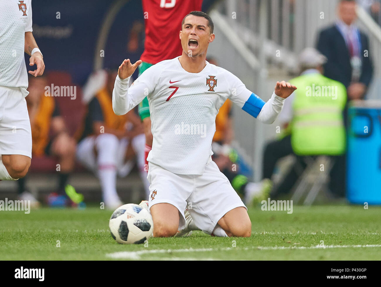 Moscow, Russia. 20th June, 2018. Portugal - Morocco, Soccer, Moscow, June 20, 2018 Foul of Mehdi BENATIA, Morocco Nr.5 at Cristiano RONALDO, Por 7 Emotions, feelings, reaction, anger, furious, scream, rage, action, aggressive, aggression,  PORTUGAL - MOROCCO 1-0 FIFA WORLD CUP 2018 RUSSIA, Group stage , Season 2018/2019,  June 20, 2018 L u z h n i k i Stadium in Moscow, Russia.  © Peter Schatz / Alamy Live News Credit: Peter Schatz/Alamy Live News Stock Photo