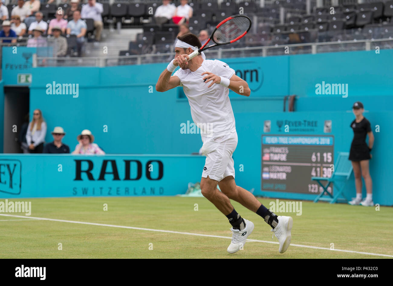 The Queen’s Club, London, UK. 20 June, 2018. Day 3 of the Fever Tree Championships on centre court with Frances Tiafoe (USA) vs Leonardo Mayer (ARG). Credit: Malcolm Park/Alamy Live News. Stock Photo
