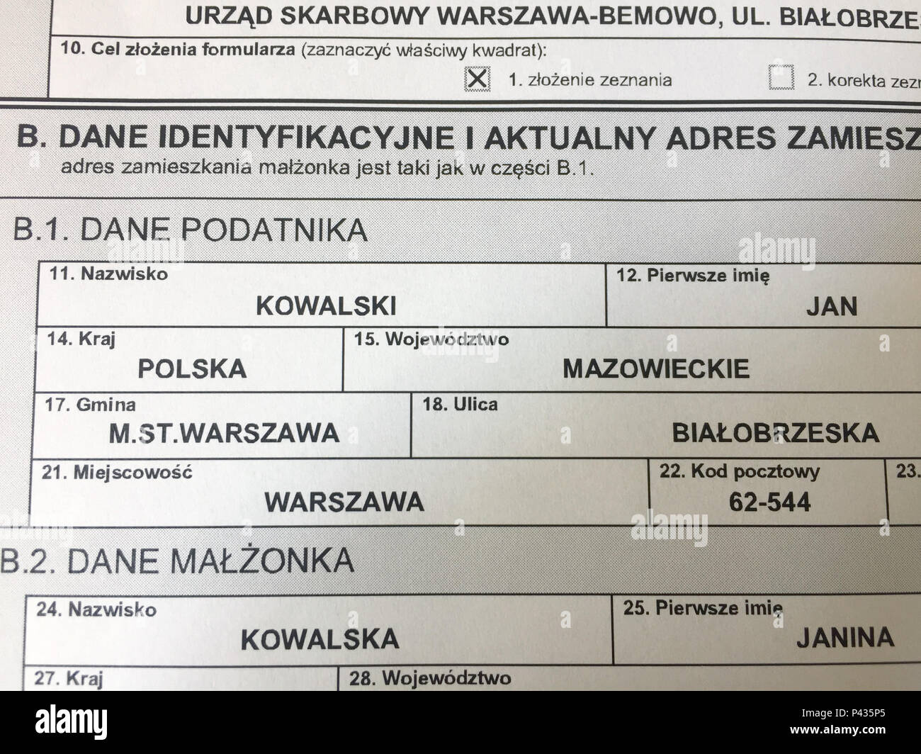 Warsaw, Poland. 20th June, 2018. The names 'Jan Kowalski' and 'Janina Kowalska' serve as the Polish equivalents to John Doe and Jane Doe, seen here on a Polish tax form. Credit: Natalie Skrzypczak/dpa/Alamy Live News Stock Photo