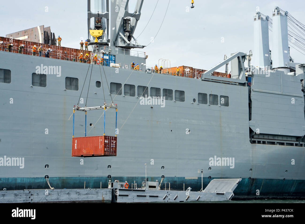 160608-N-EC099-228 INDIAN ISLAND, Wash. (June 8, 2016) – The Military  Sealift Command Large, Medium-speed Roll-on/Roll-off ship, USNS Bob Hope (T- ARK-300) lowers a conex box to an Improved Navy Lighterage System causeway  ferry