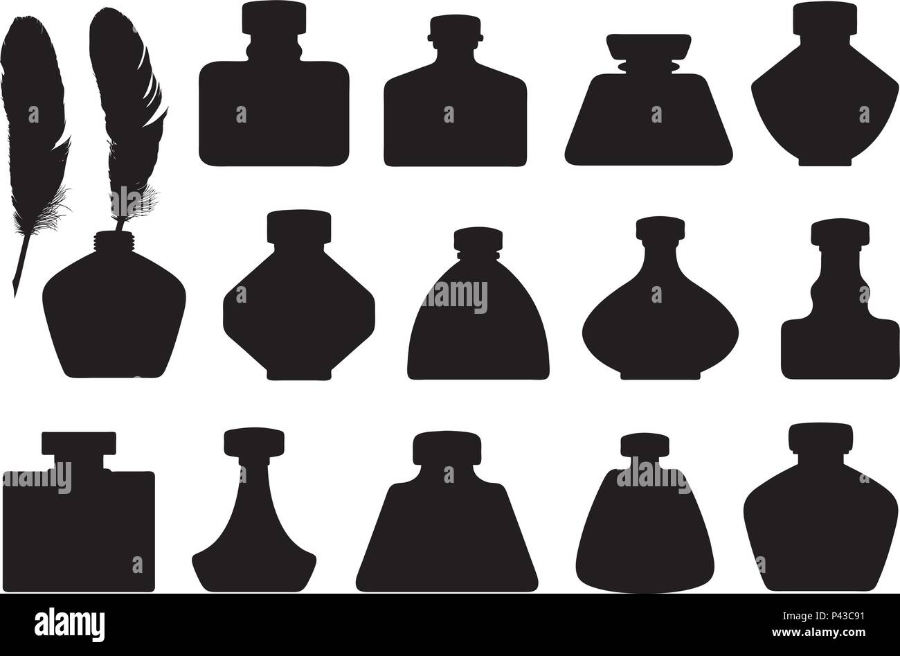 Set of different inkwells isolated on white Stock Vector