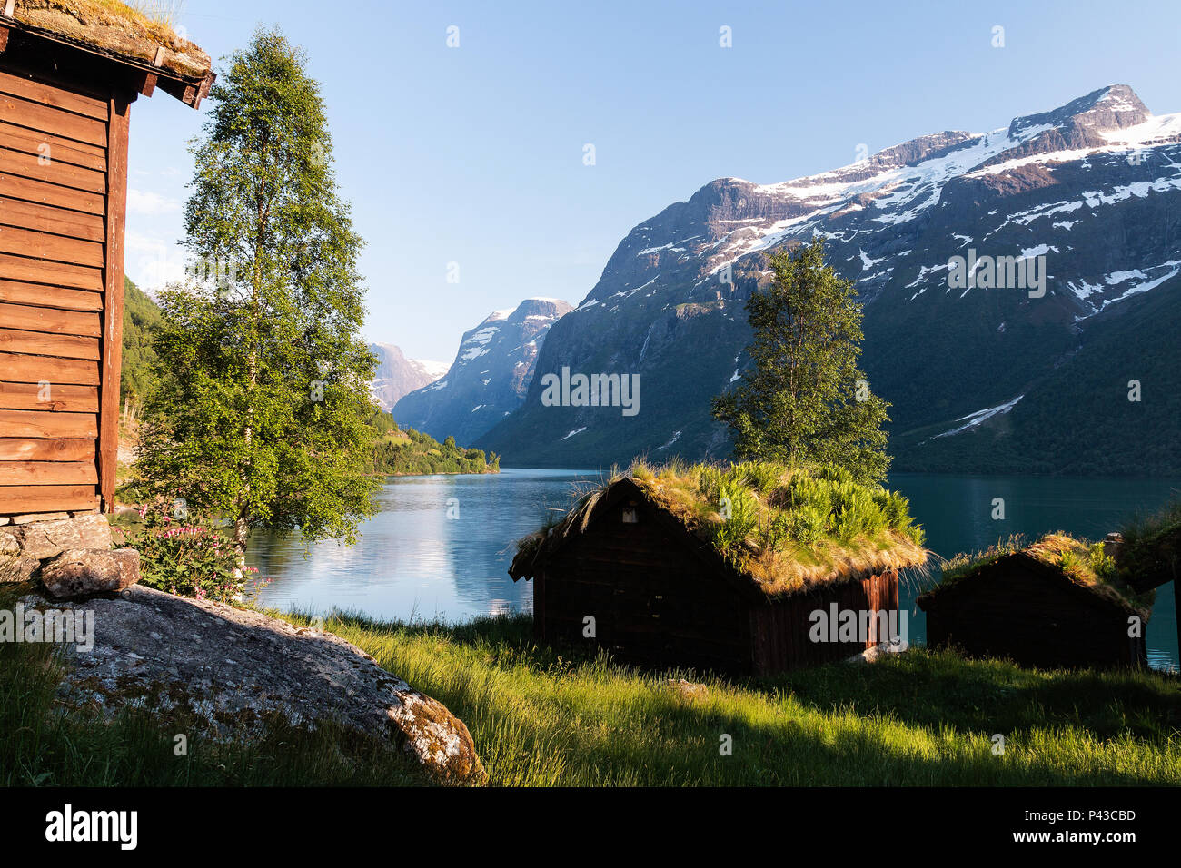 Breng seter at lake Lovatnet, Stryn. Norway. Cattle, sheep goats, even pigs, were brought here (til seters) for summer pastures Stock Photo