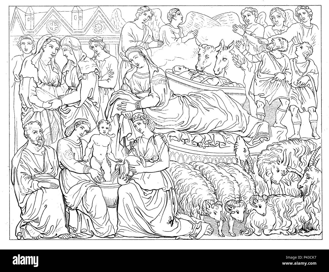 the birth of Jesus Christ by Nicola Pisano, Cathedral of Siena, Italy, Die Geburt Christi von Nicola Pisano, Dom zu Siena, Italien, digital improved reproduction of an historical image Stock Photo