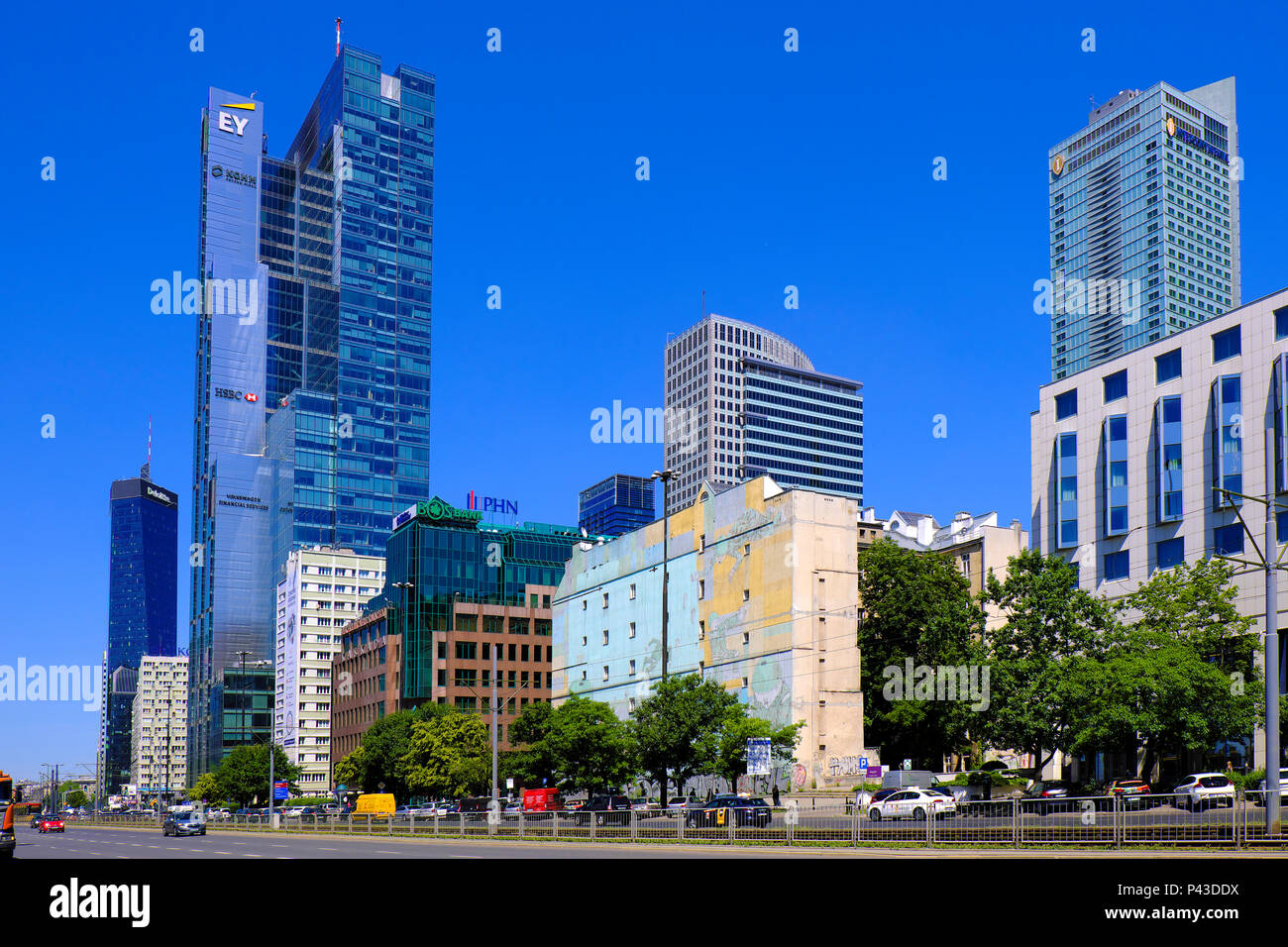 Warsaw, Masovia / Poland - 2018/06/08: Panoramic view of city center with modern skyscrapers - Rondo One R1 at ONZ roundabout and Q22 at 22 Jana Pawla Stock Photo