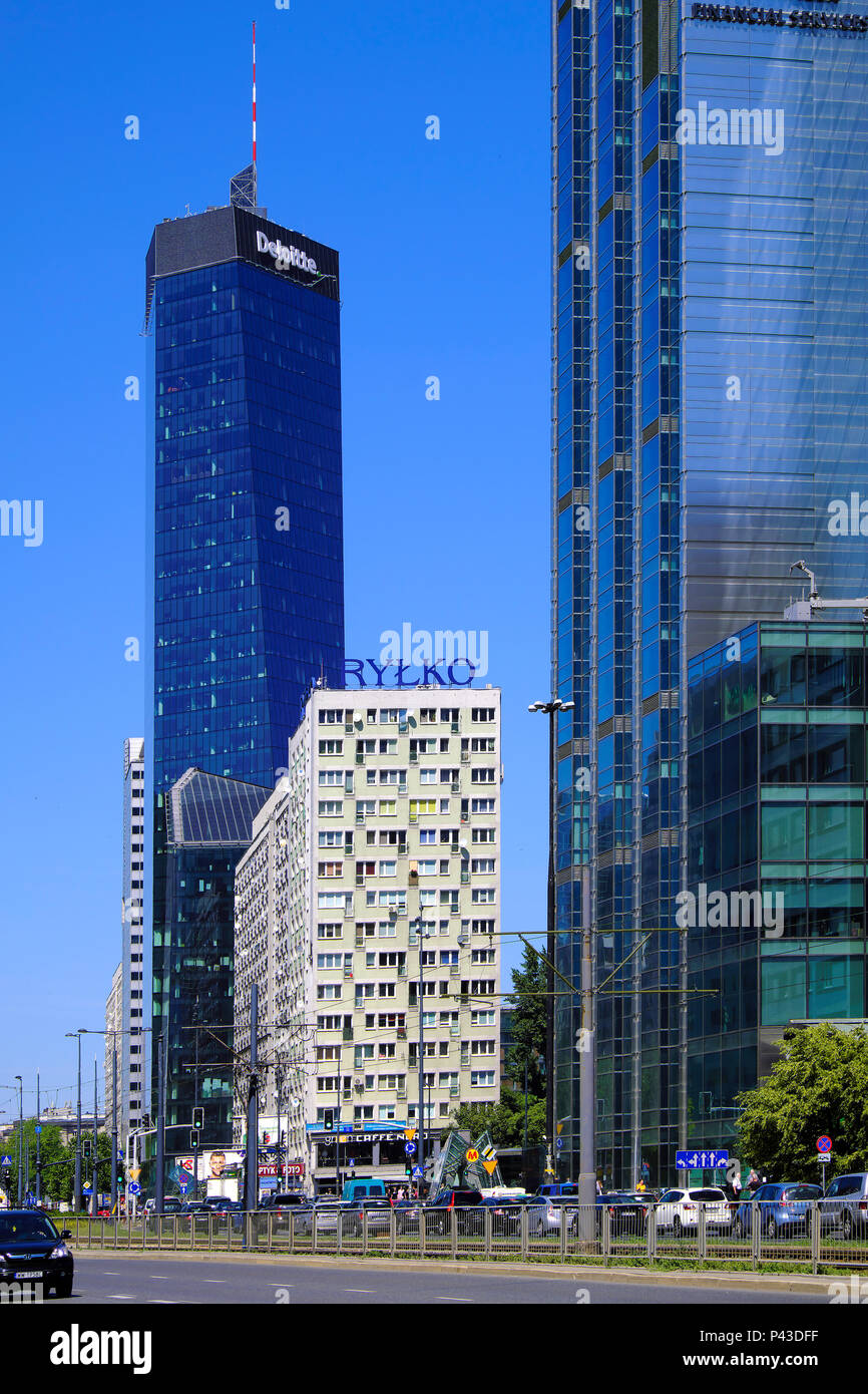 Warsaw, Masovia / Poland - 2018/06/08: Panoramic view of city center with modern skyscrapers - Q22 at 22 Jana Pawla II street and Rondo One R1 at ONZ  Stock Photo