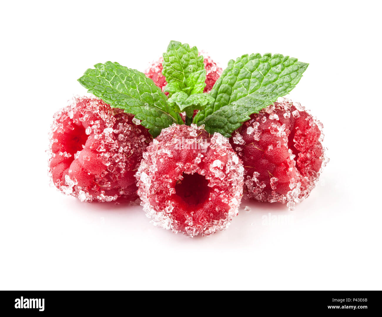 raspberry with sugar and mint isolated on white background Stock Photo