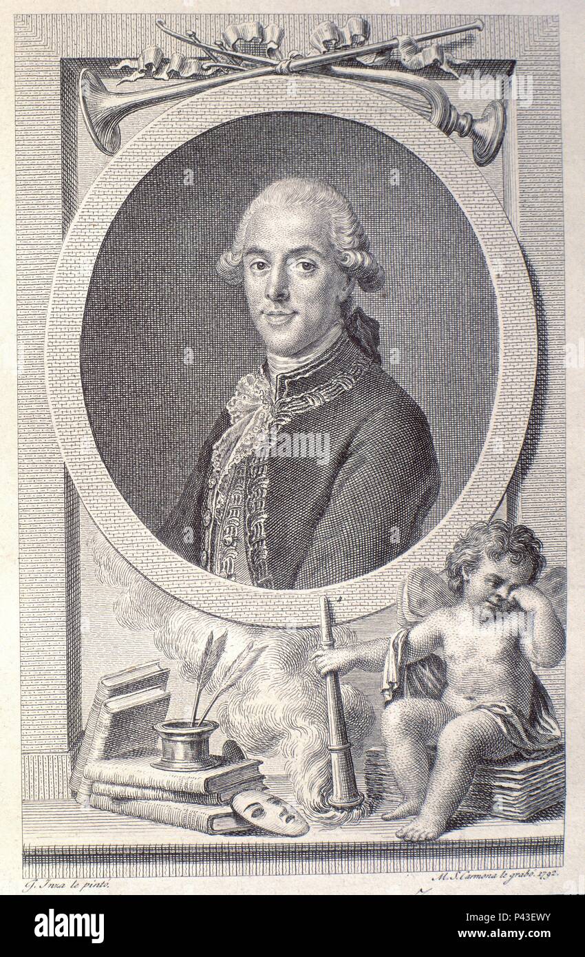TOMAS DE IRIARTE (1750-1791) ESCRITOR Y FABULISTA ESPAÑOL - GRABADO DE 1792. Author: Manuel Salvador Carmona (1734-1820). Location: BIBLIOTECA NACIONAL-COLECCION, MADRID, SPAIN. Stock Photo