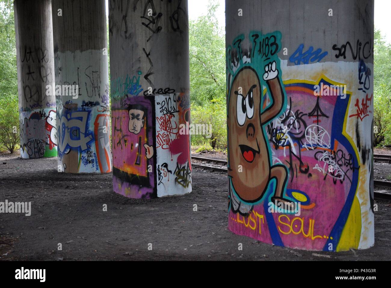 Graffiti on bridge pier on 05.07.2015 in Dortmund-Huckarde - Germany. | usage worldwide Stock Photo