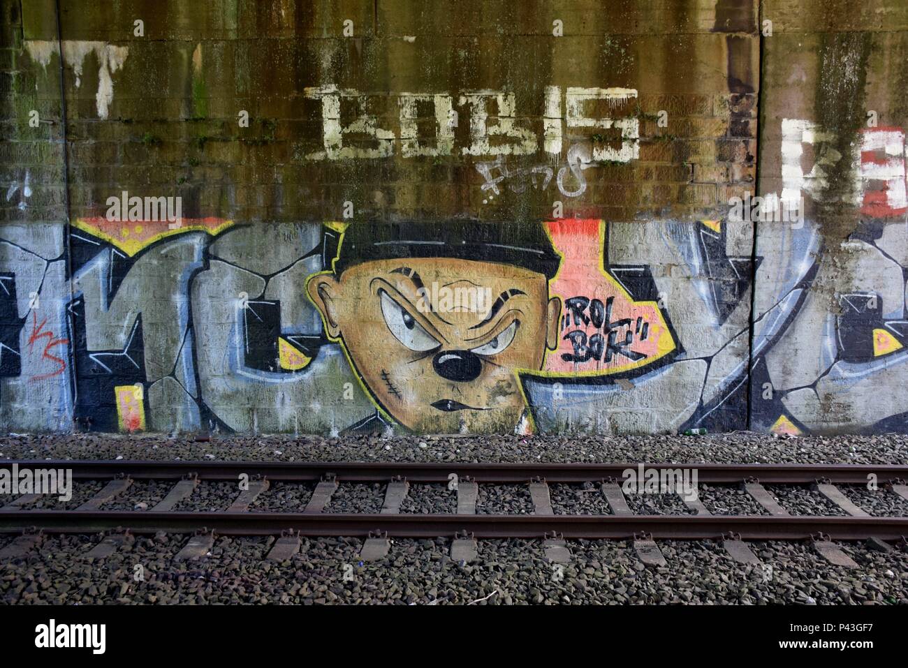 Graffiti on wall near railway line on 04.06.2018 in Dortmund-Huckarde - Germany. | usage worldwide Stock Photo