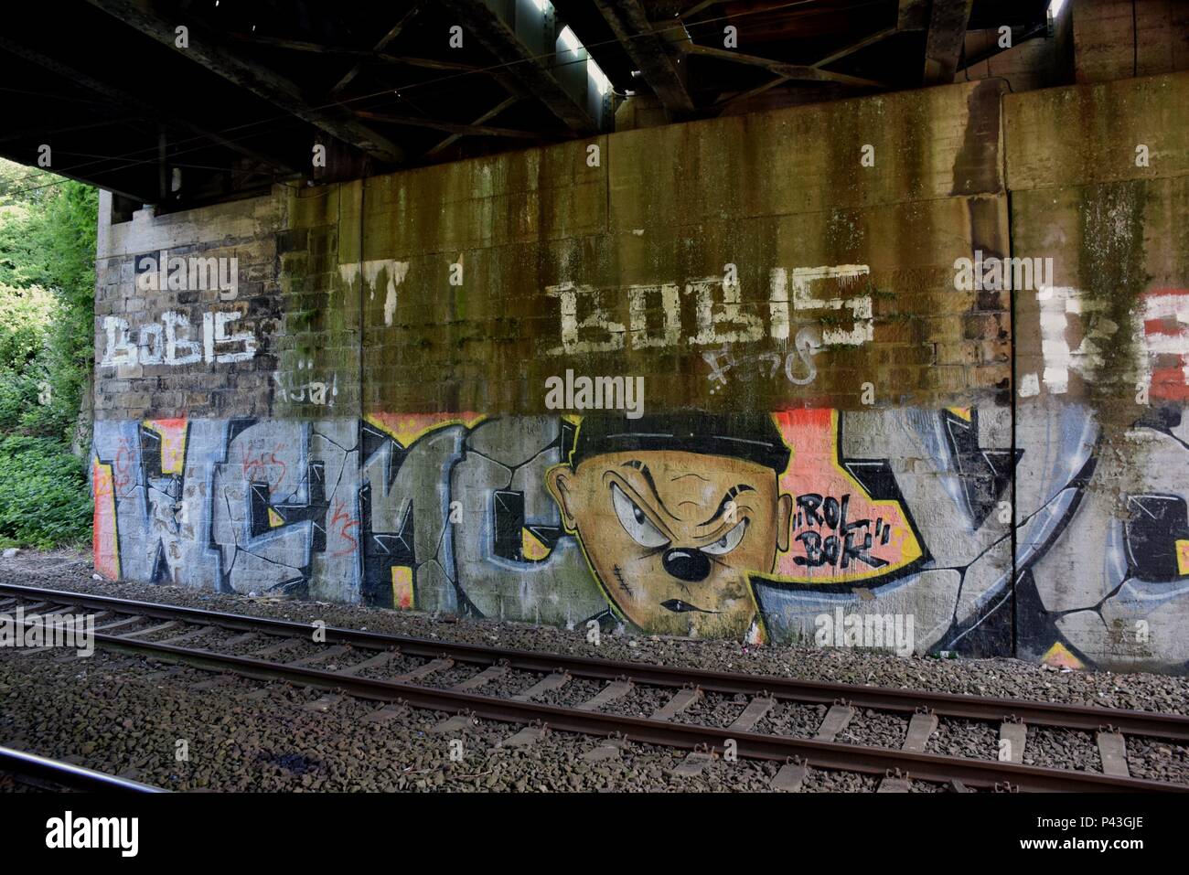 Graffiti on railway bridge on 04.06.2018 in Dortmund-Huckarde - Germany. | usage worldwide Stock Photo
