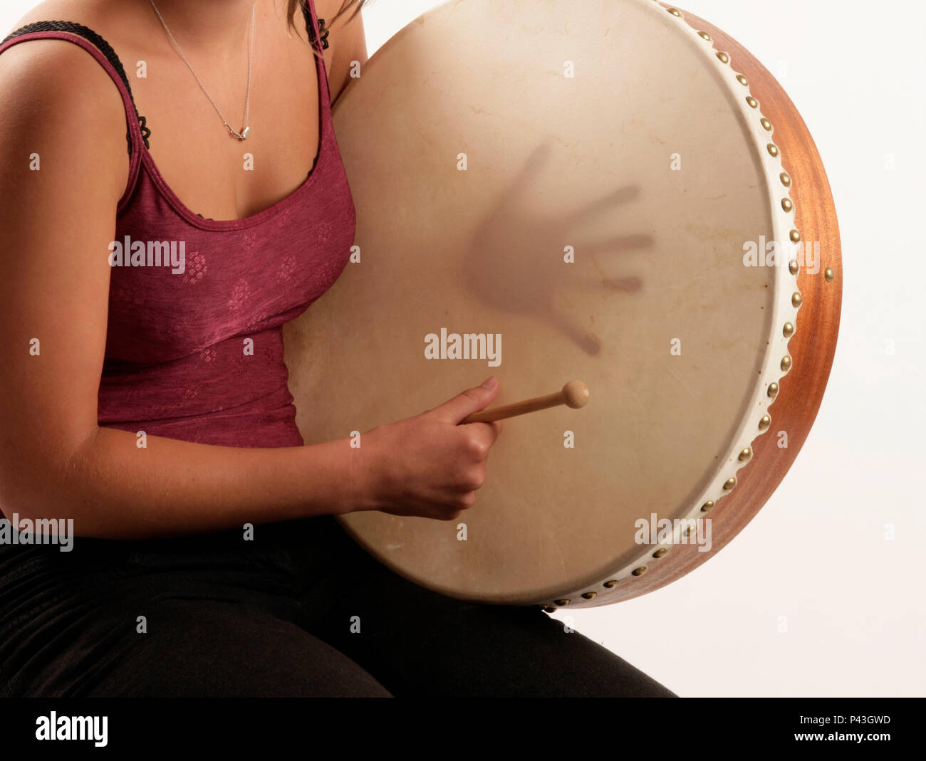 Bodhran, traditional Irish drum, in playing position Stock Photo Alamy