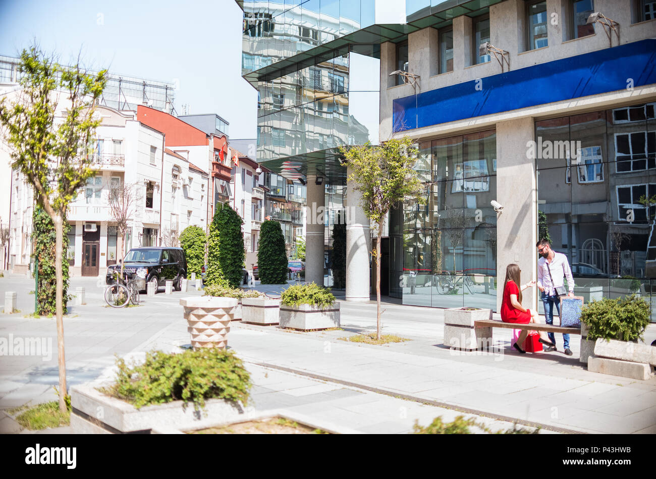 Shopping in the down town.Lovely couple having fun on the Macedonian ...