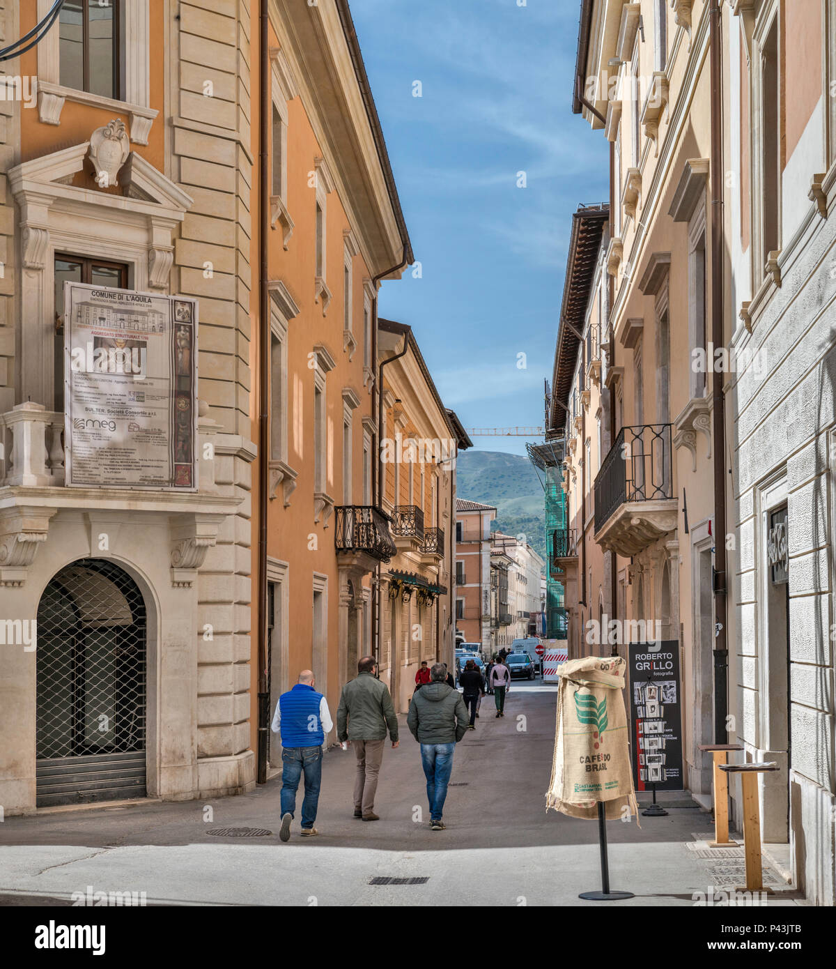 Buildings renovated after 2009 L'Aquila Earthquake, 2018 view, Corso Vittorio Emanuele in historic center of L'Aquila, Abruzzo, Italy Stock Photo