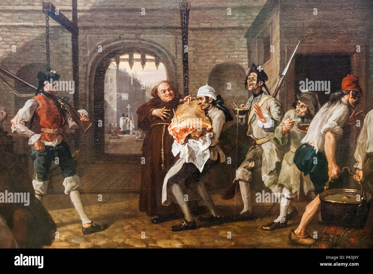 Painting titled 'O the Roast Beef of Old England (The Gate of Calais)', by William Hogarth dated 1748 Stock Photo