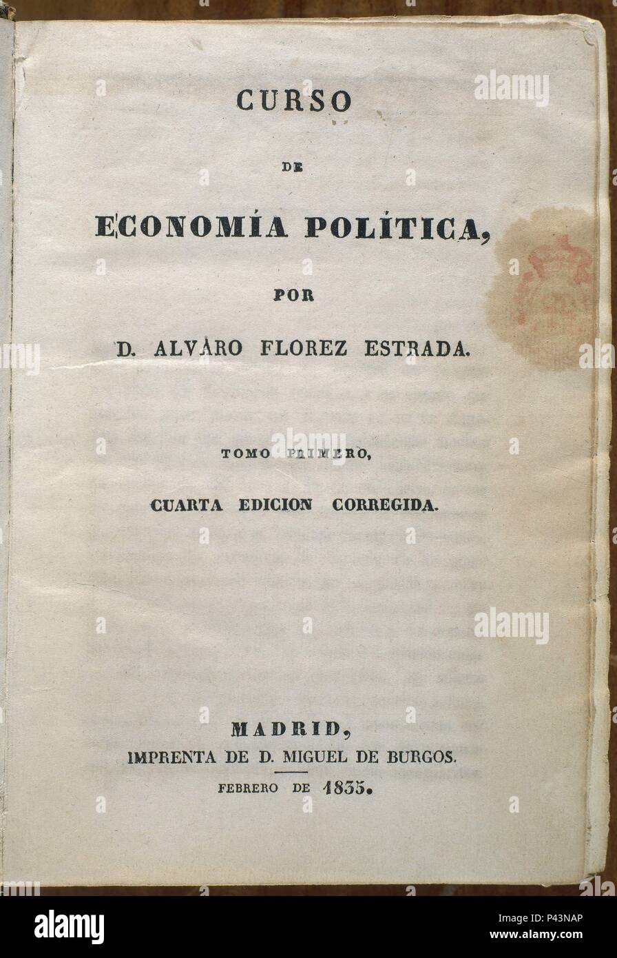 PORTADA DE TEXTO DE ECONOMIA POLITICA. Author: FLORES ESTRADA. Location:  BIBLIOTECA NACIONAL-COLECCION, MADRID, SPAIN Stock Photo - Alamy