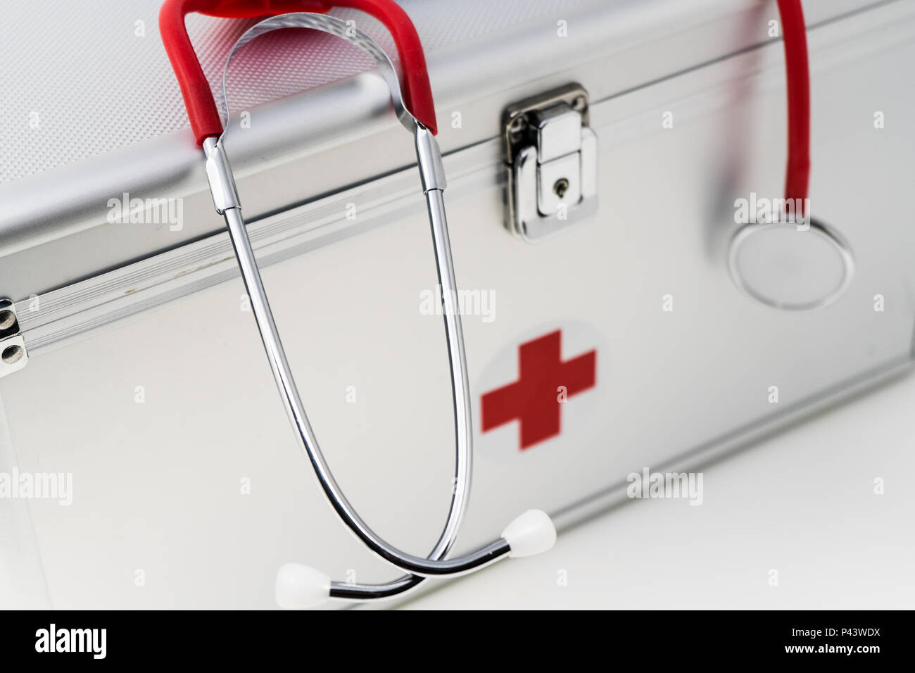 Anodised Aluminium First Aid Box with Stethoscope. Stock Photo