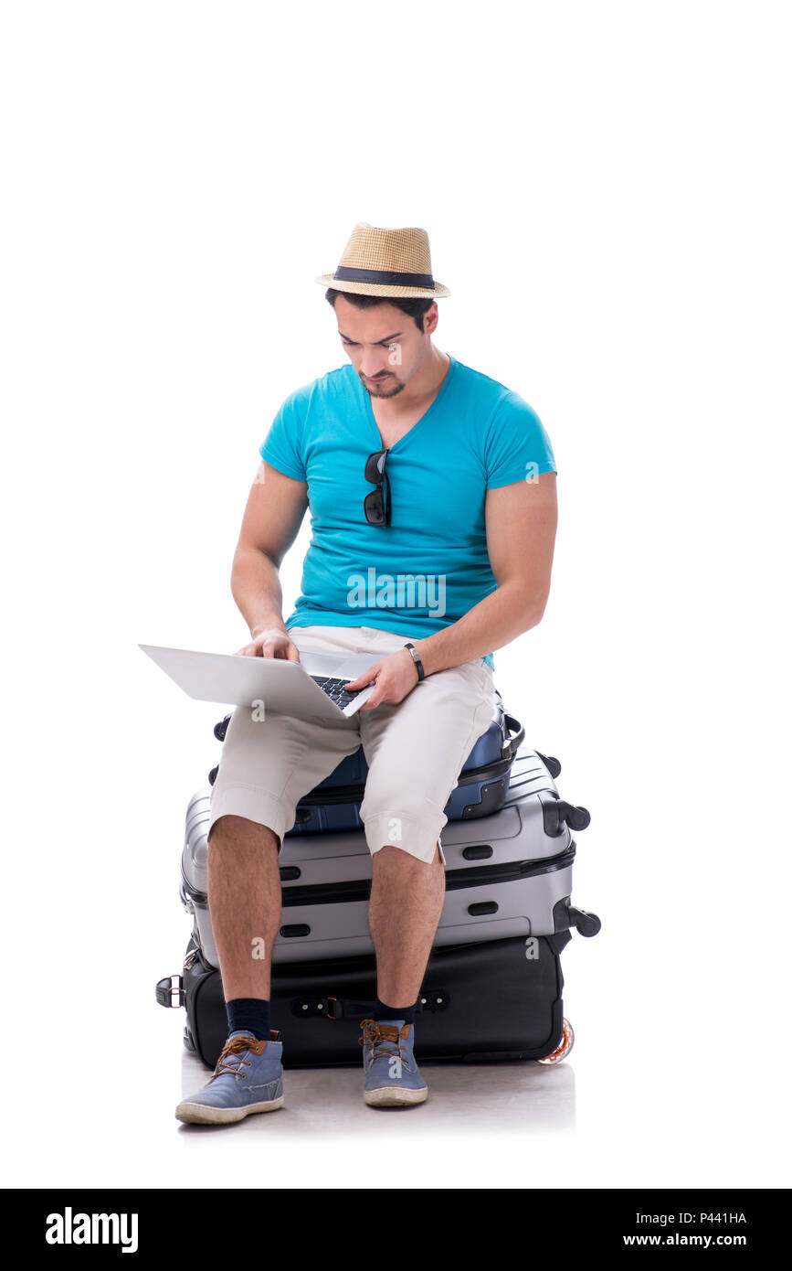 Freelancer working on the go isolated on white Stock Photo