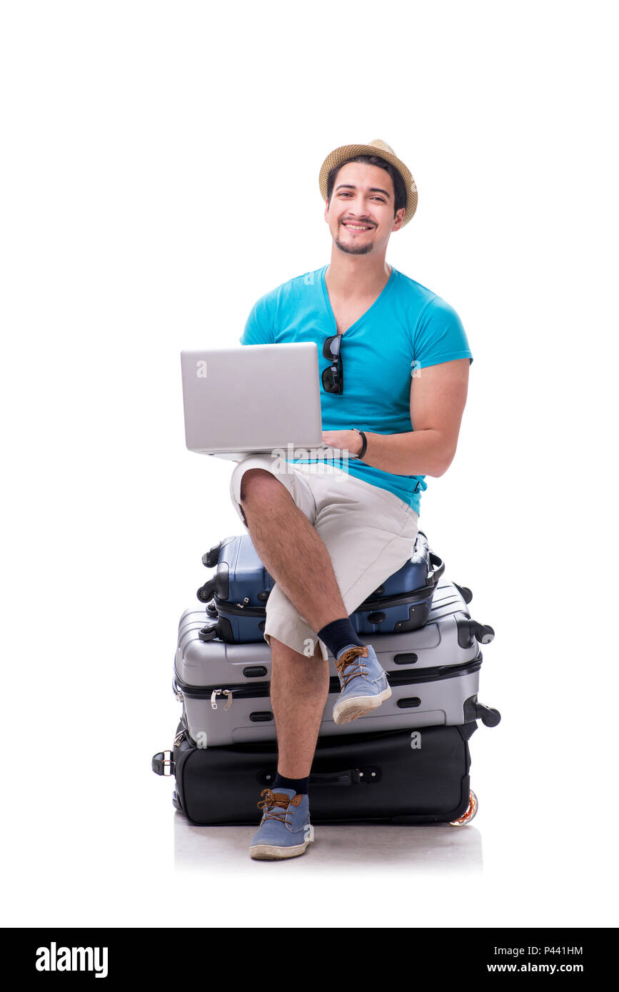 Freelancer working on the go isolated on white Stock Photo