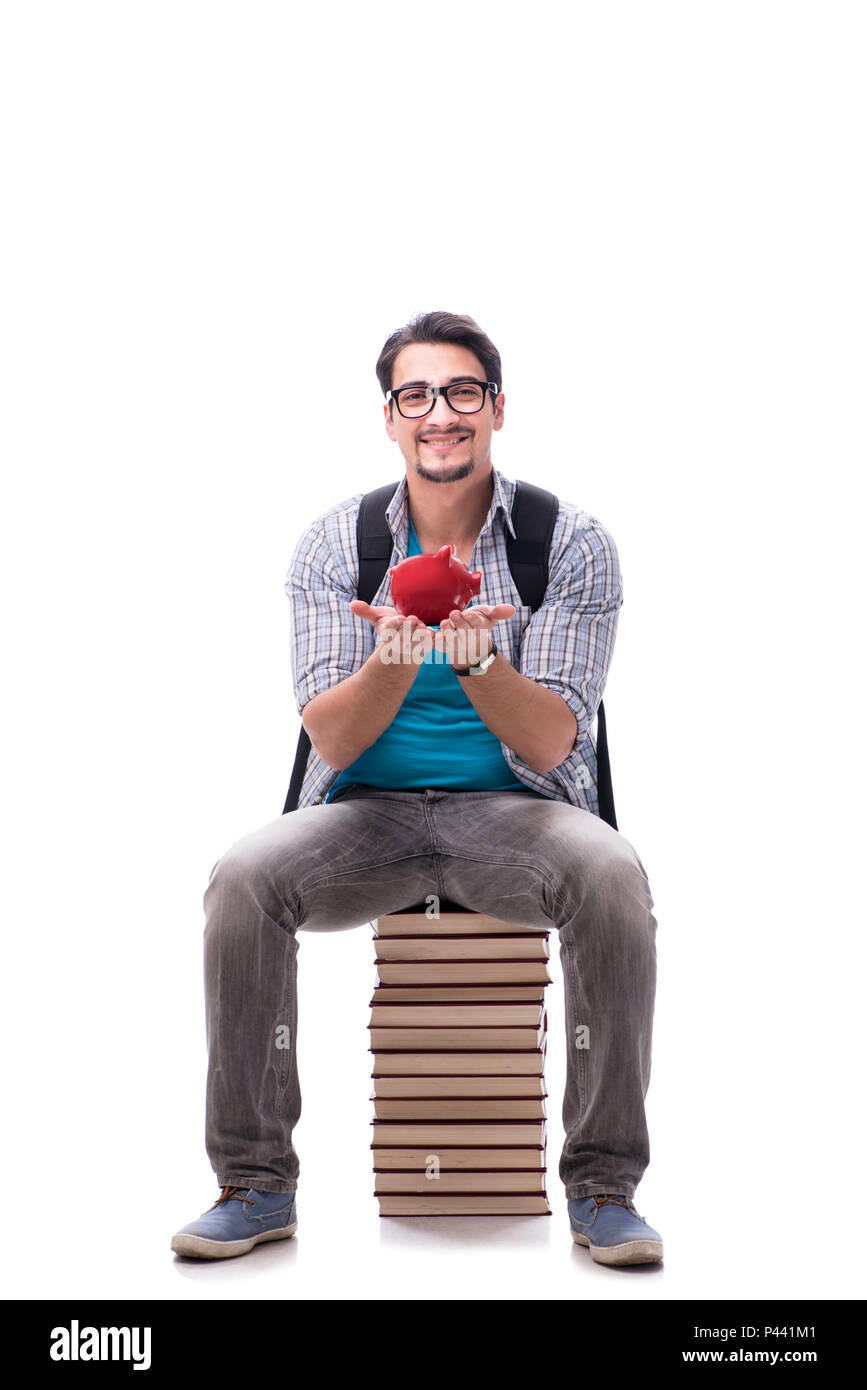 Young student sitting on top of book stack on white Stock Photo - Alamy