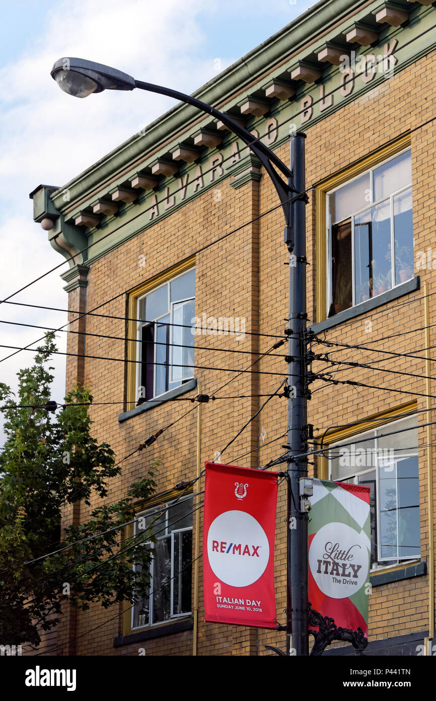 Banners advertising Italian Day 2018 celebrations on Commercial Drive, Vancouver, BC, Canada Stock Photo