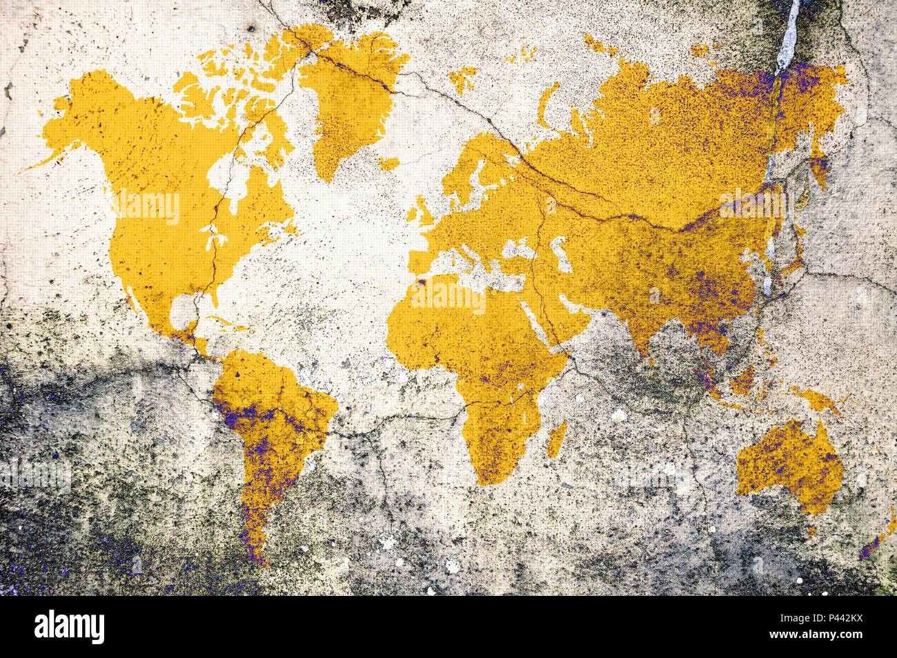 Yellow world map on damaged cracked concrete wall. Elements of this ...