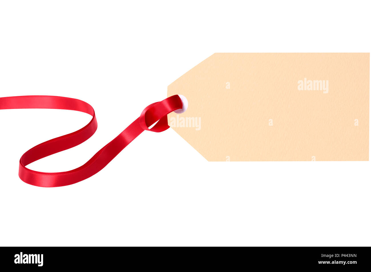 Plain gift tag with red ribbon isolated on white background Stock Photo