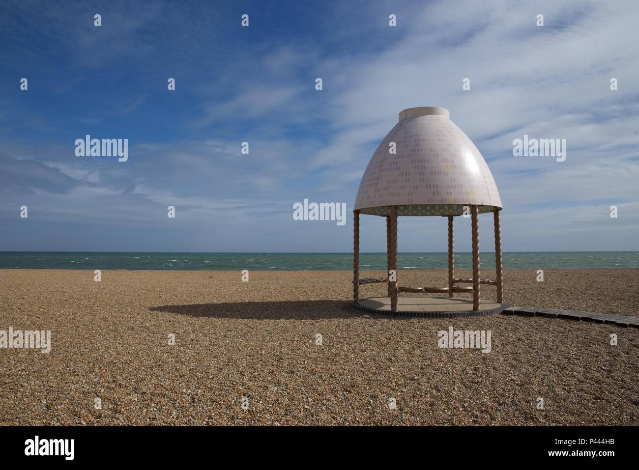 Lubaina Himid/Jelly Mould Pavilion: standing on the pebble beach near Folkestone's Boardwalk Stock Photo