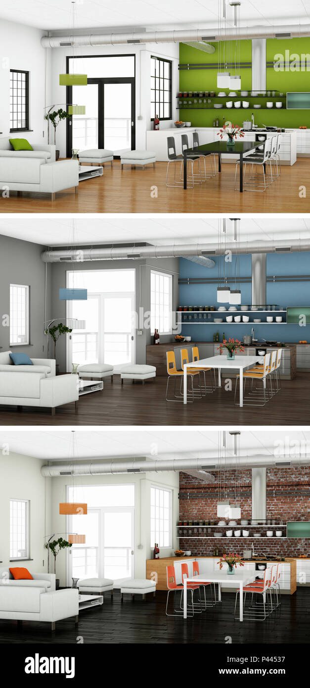 3d Illustration of three color variations of a modern loft interior ...