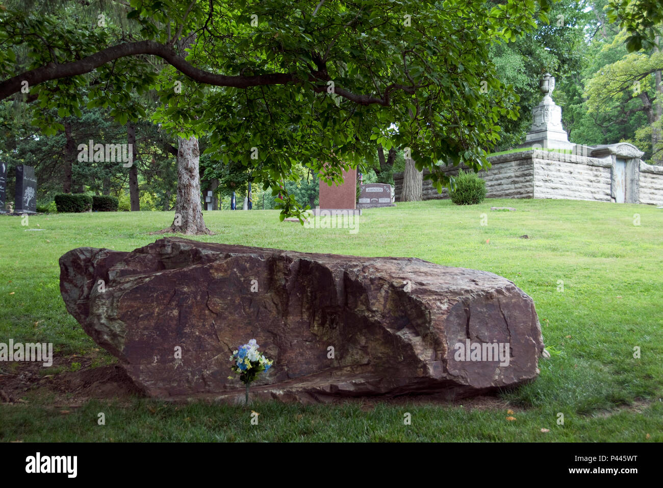 A large boulder marks the grave of syndicated newspaper columnist Erma