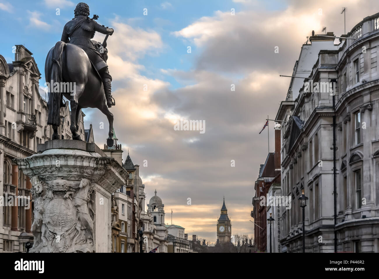 View from Trafalgar Square on the back of the Renaissance-style equestrian statue of Charles I on horseback looking dow Stock Photo
