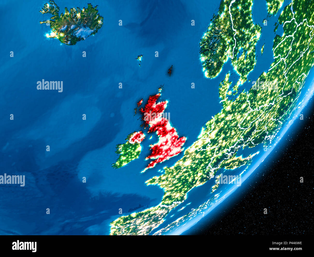 United Kingdom in red on planet Earth at night with visible borderlines ...