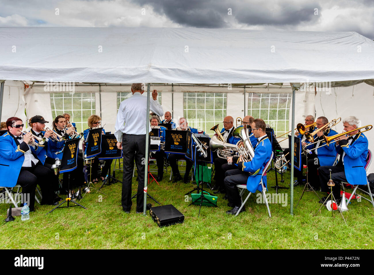 Mid Sussex Brass Band Perform At The Annual High Hurstwood Village Fete, Sussex, UK Stock Photo