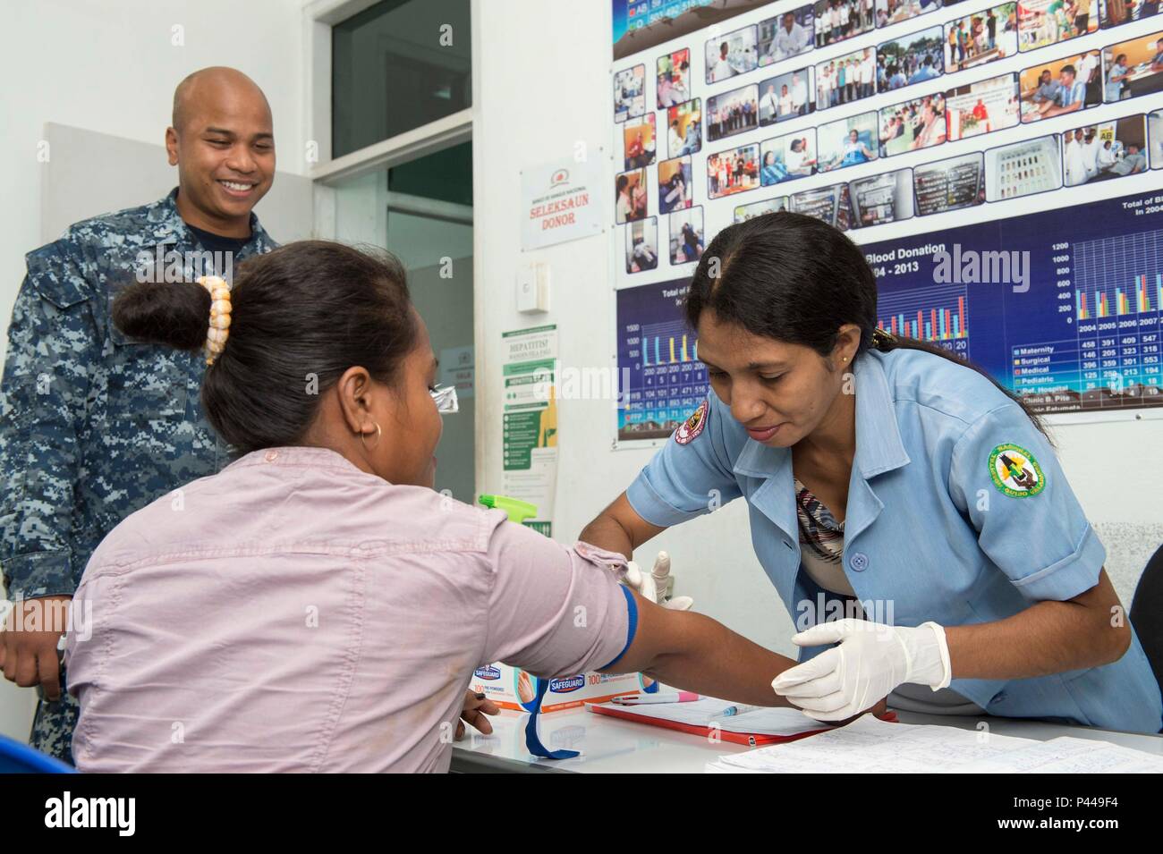 160609-N-BB534-306 DILI, Timor Leste (June 9, 2016) Hospital Corpsman 1st  Class Sopheap Nuon (left) from hospital ship USNS Mercy (T-AH 19) observes  Zeozinha de A.D. Fernandez, nurse at Hospital Nacional Guido Valadares,
