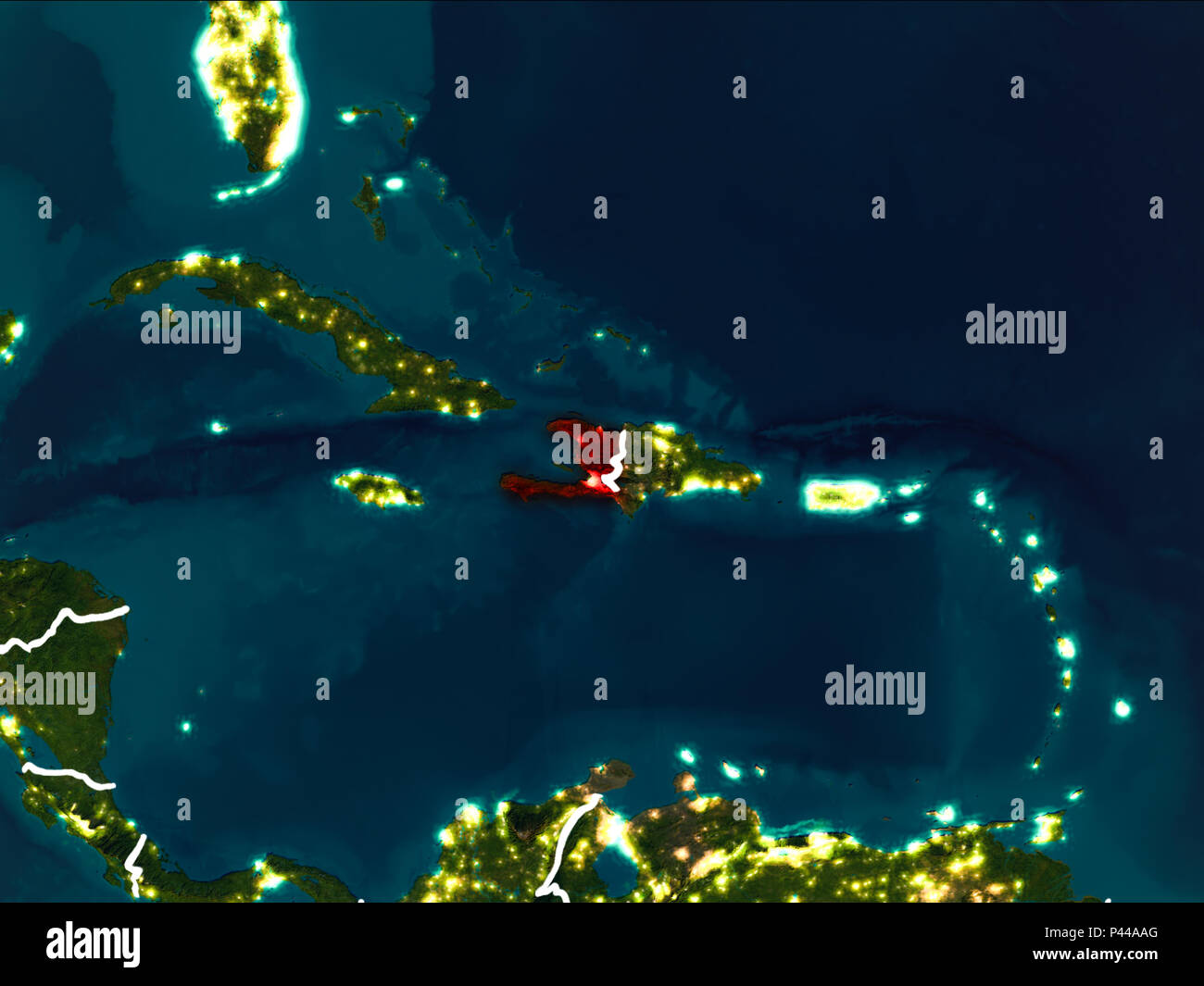Haiti highlighted in red from Earth’s orbit at night with visible ...