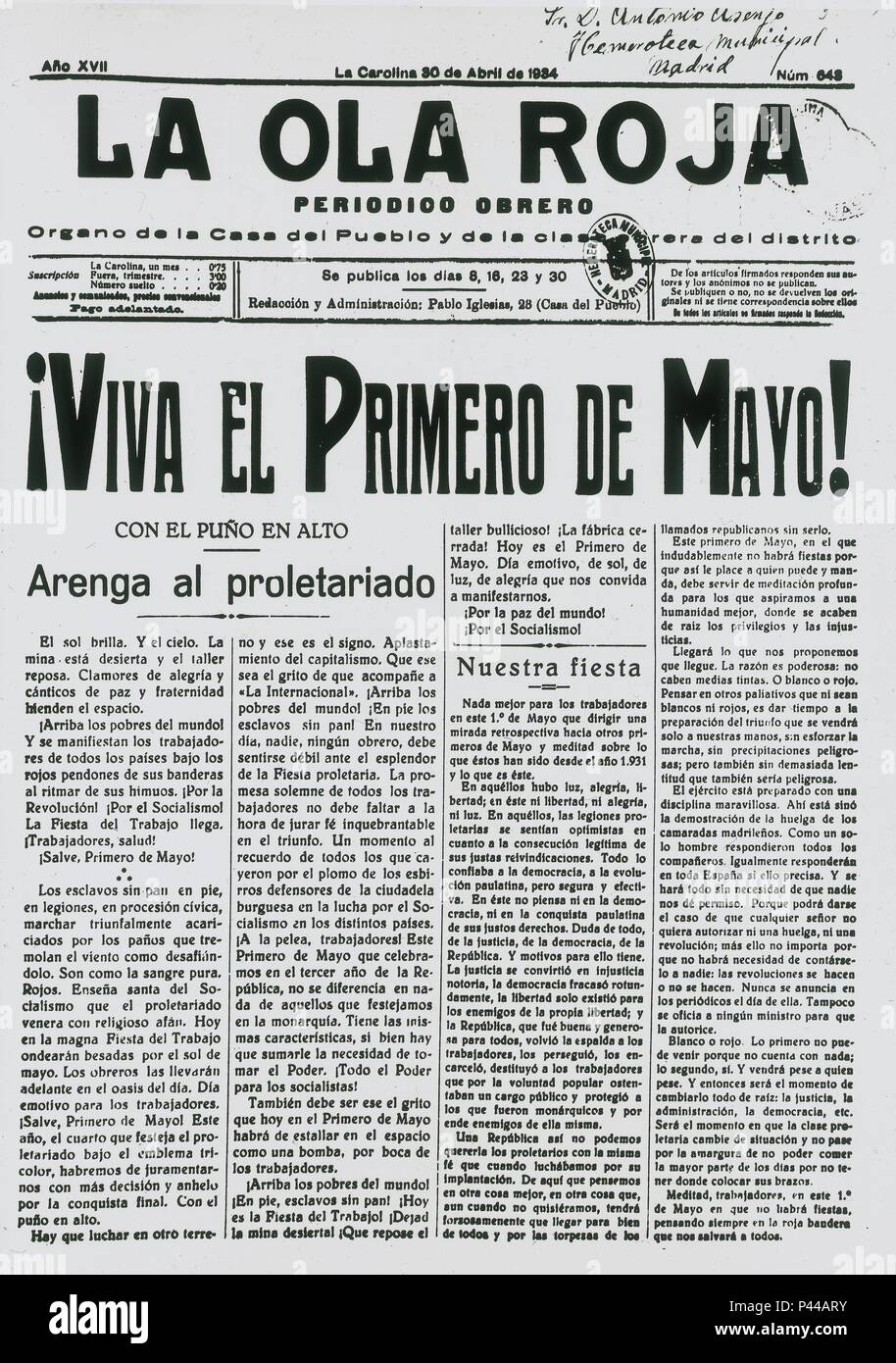 OLA ROJA 1934 VIVA EL PRIMERO DE MAYO. Location: HEMEROTECA MUNICIPAL, MADRID, SPAIN. Stock Photo