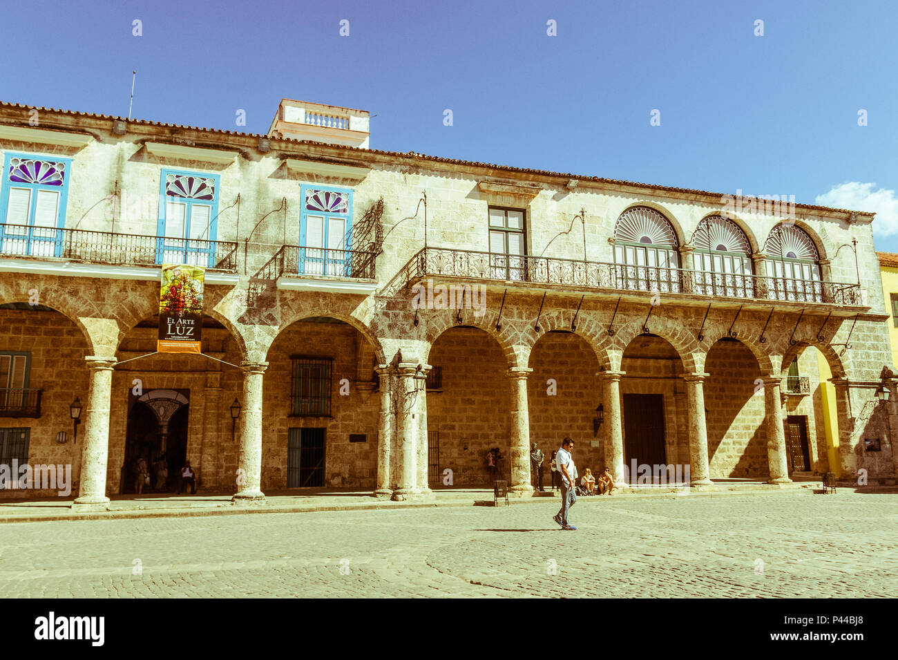 HAVANA, CUBA - JANUARY 16, 2017: Arcades of the Palace of the Conde Lombillo. in the Cathedral Square, Old Havana, Cuba. Image with vintage and yester Stock Photo