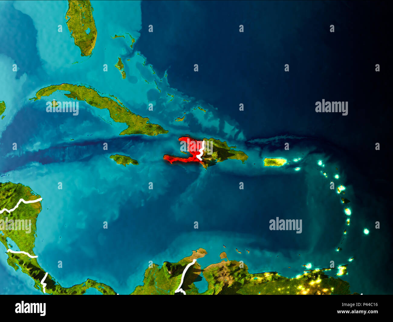 Haiti in the morning highlighted in red on planet Earth with visible ...