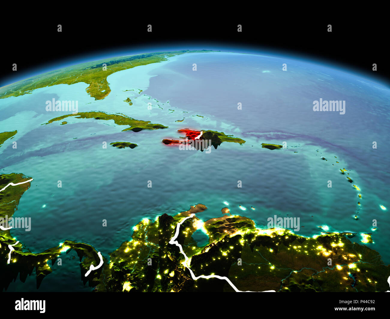 Morning above Haiti highlighted in red on model of planet Earth in ...