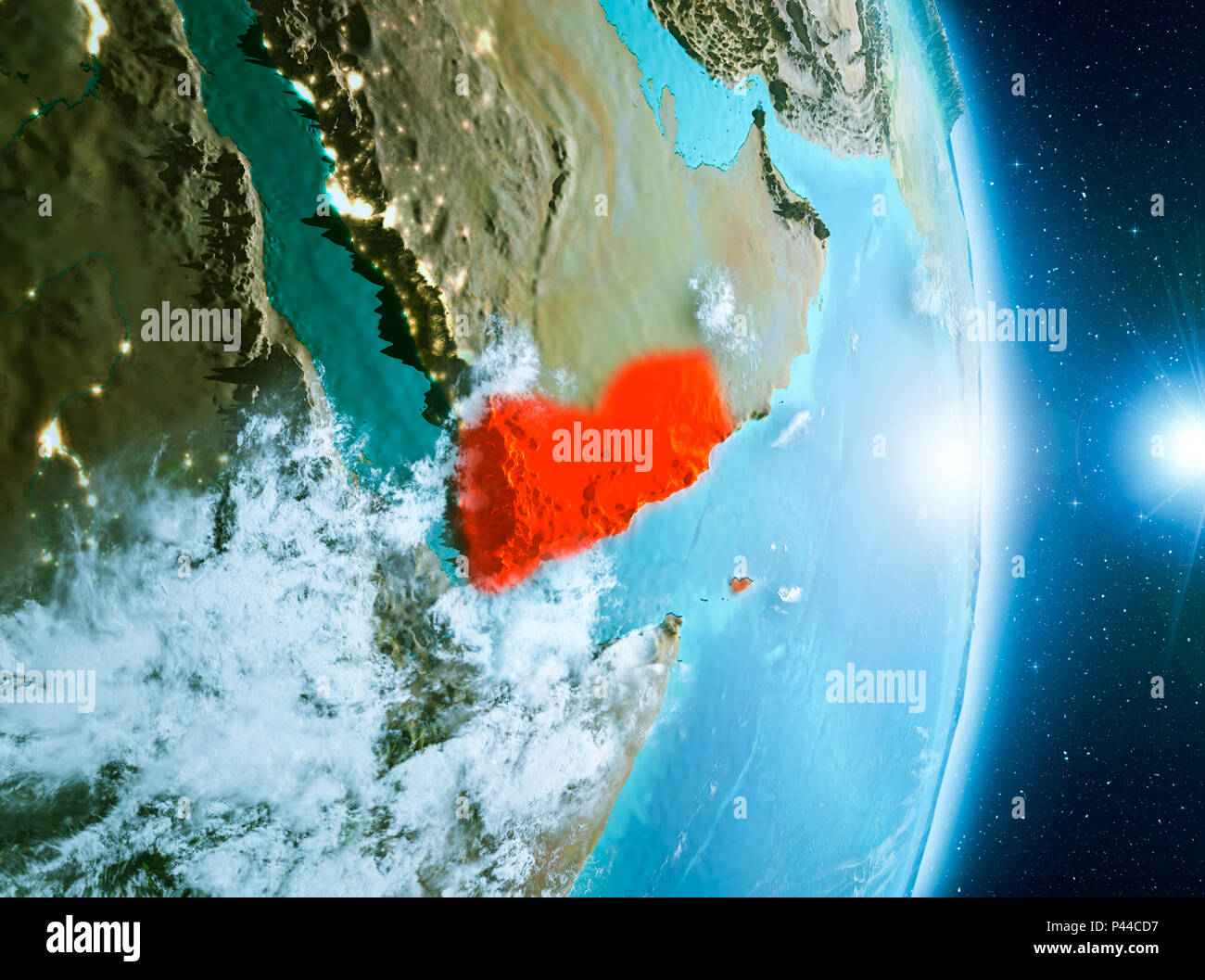 Yemen from orbit of planet Earth with clouds during sunrise with highly ...
