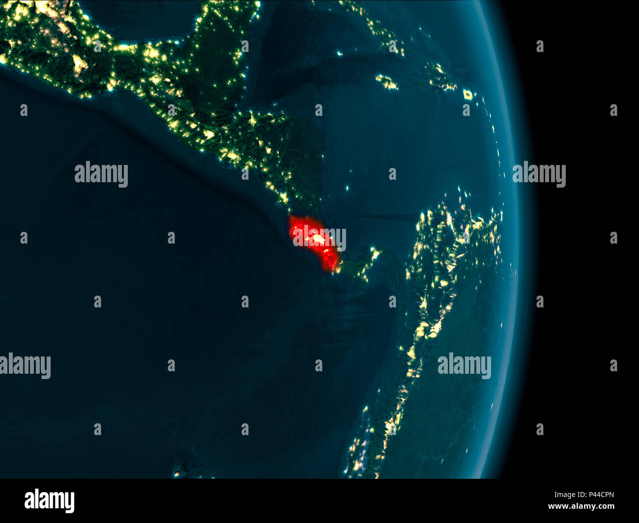 Illustration of Costa Rica as seen from Earth’s orbit at night. 3D ...