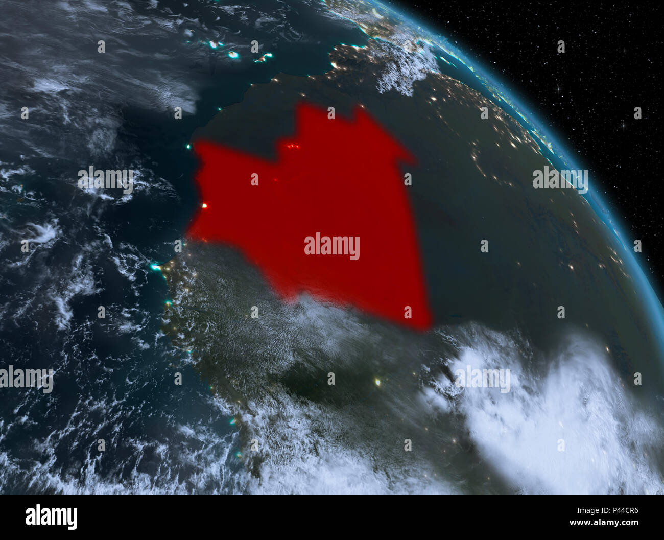 Night above Mauritania highlighted in red on model of planet Earth in ...