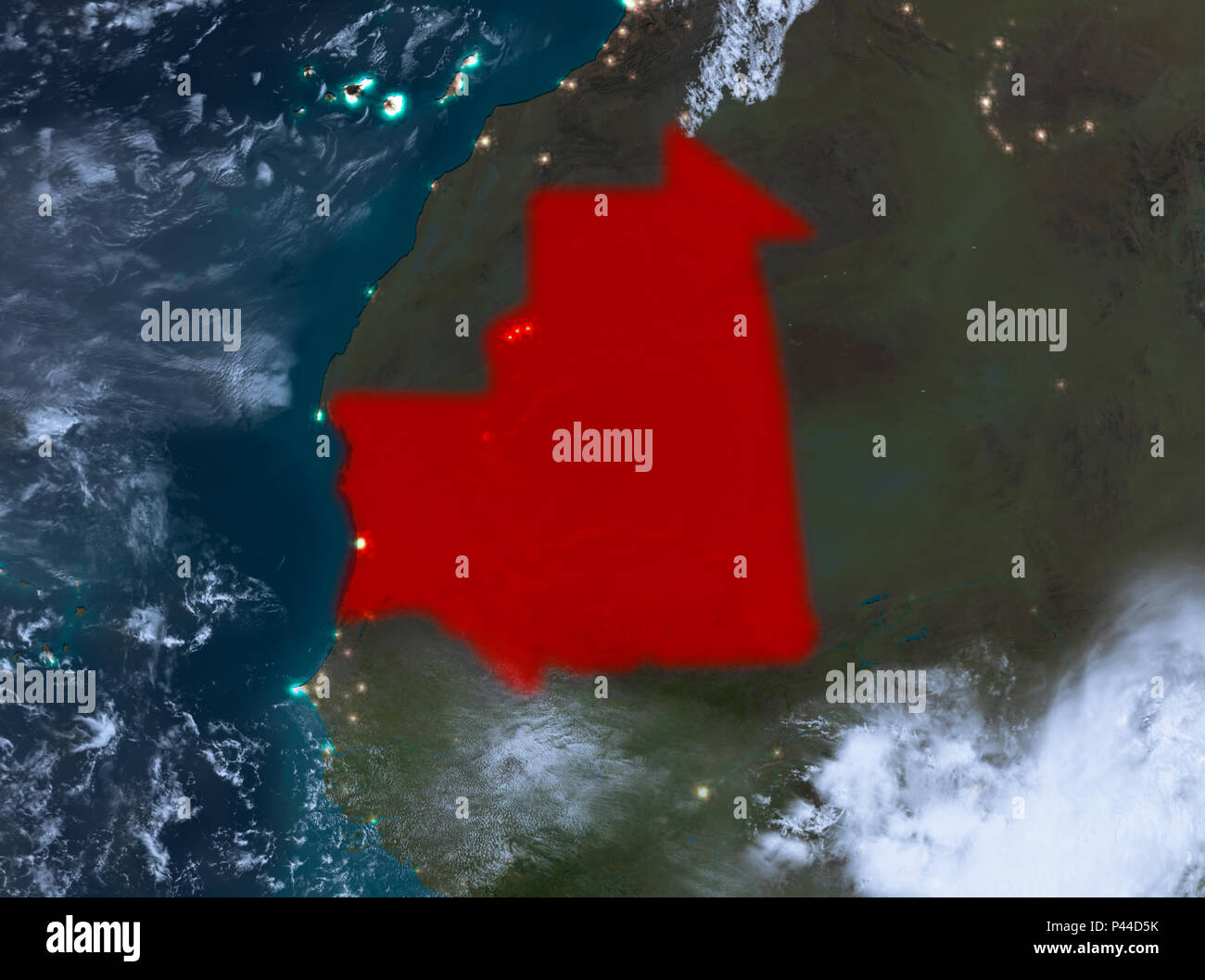 Country of Mauritania in red on planet Earth with clouds at night. 3D ...
