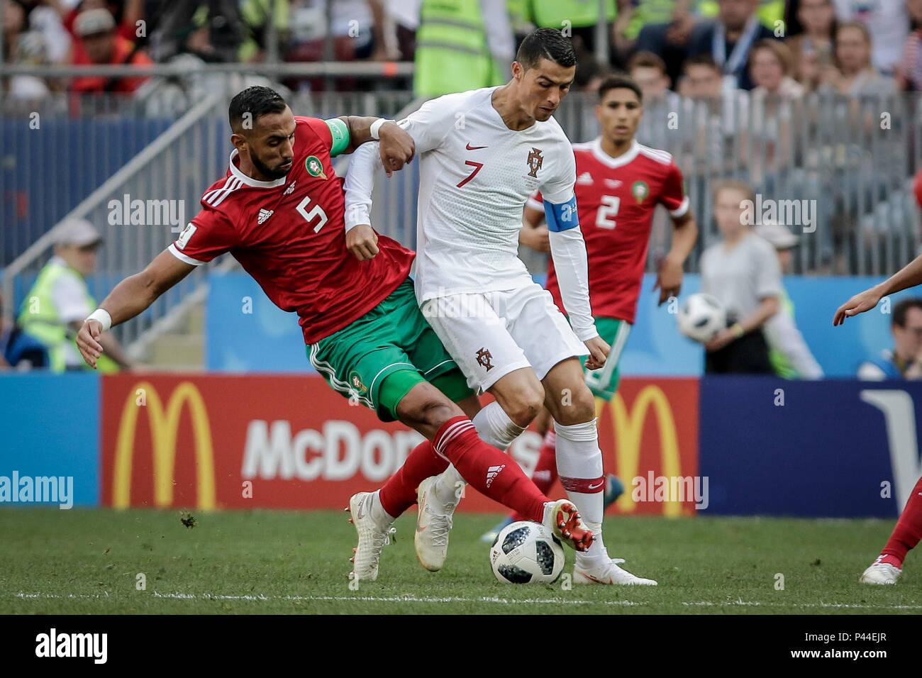 Moscow Russia 20th June 2018 Mehdi Benatia Of Morocco And Cristiano Ronaldo Of Portugal During The Match Between Portugal And Morocco Valid For The Second Round Of Group B Of The 2018