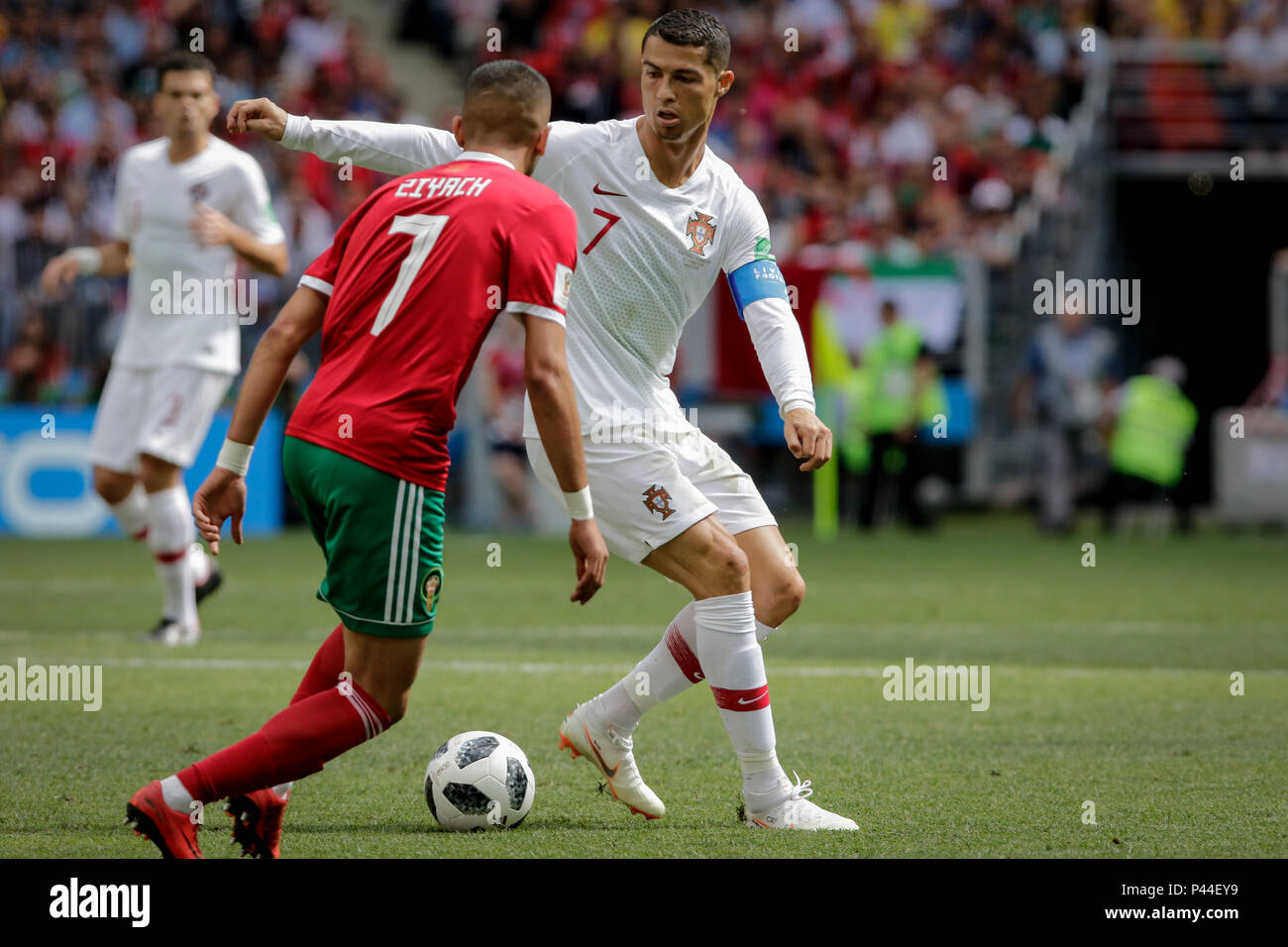 Moscow, Russia. 20th June, 2018. Cristiano Ronaldo of Portugal and Hakim Ziyach during the match between Portugal and Morocco, valid for the second round of group B of the 2018 World Cup, held at the Luzhniki Stadium in Moscow, Russia. Portugal wins over Morocco 1-0. Credit: Thiago Bernardes/Pacific Press/Alamy Live News Stock Photo
